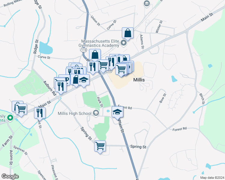 map of restaurants, bars, coffee shops, grocery stores, and more near 6 Milliston Road in Millis