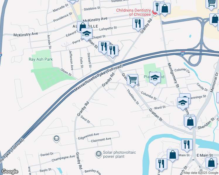 map of restaurants, bars, coffee shops, grocery stores, and more near 309 Columba Street in Chicopee
