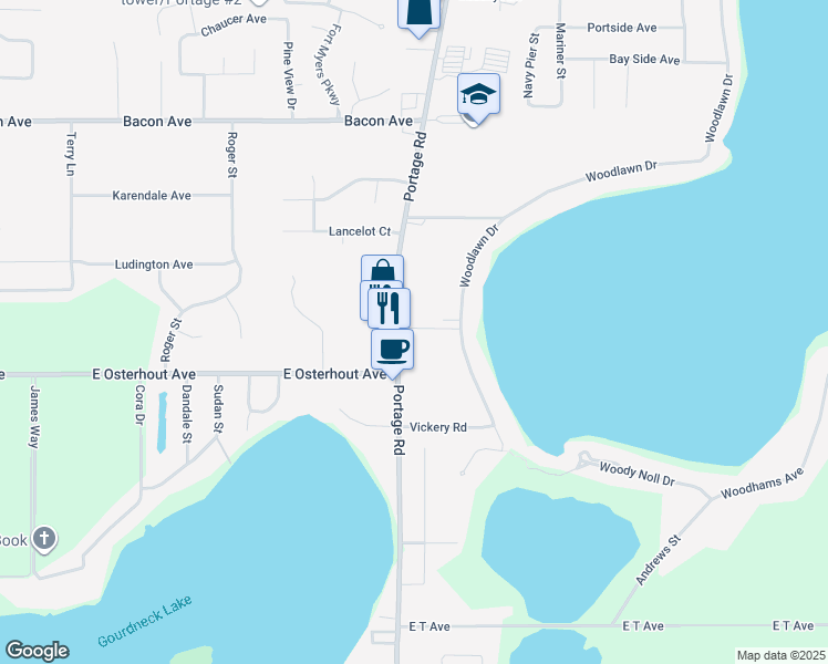 map of restaurants, bars, coffee shops, grocery stores, and more near 10375 Portage Road in Portage