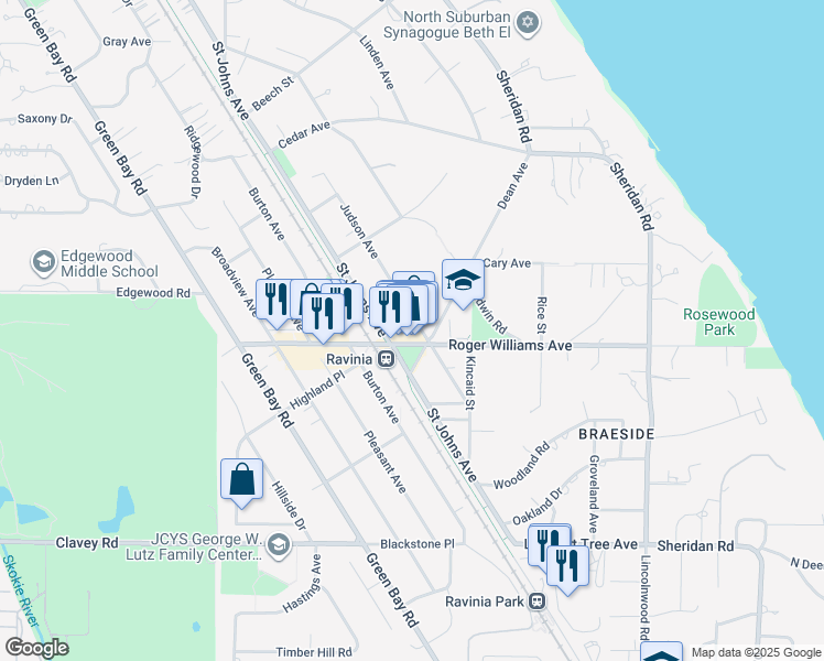 map of restaurants, bars, coffee shops, grocery stores, and more near 771 Judson Avenue in Highland Park