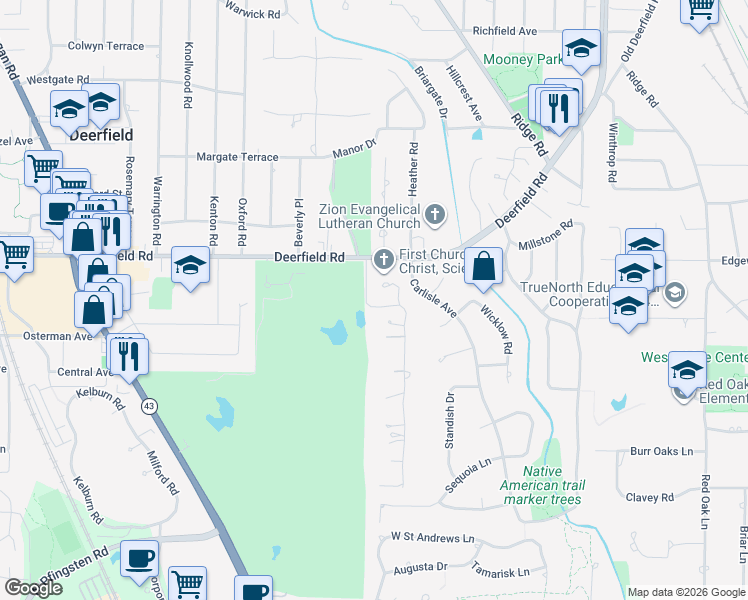 map of restaurants, bars, coffee shops, grocery stores, and more near 155 Deerfield Road in Deerfield