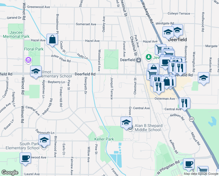 map of restaurants, bars, coffee shops, grocery stores, and more near 733 Price Lane in Deerfield
