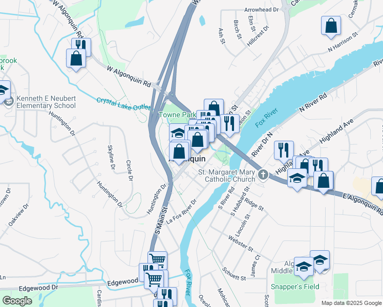 map of restaurants, bars, coffee shops, grocery stores, and more near 202 Jefferson Street in Algonquin