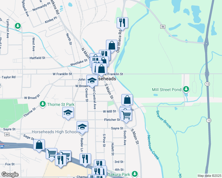map of restaurants, bars, coffee shops, grocery stores, and more near 199 E Broad St in Horseheads