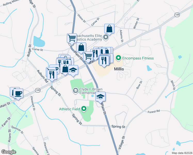 map of restaurants, bars, coffee shops, grocery stores, and more near 6 Milliston Road in Millis