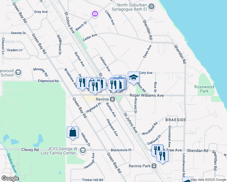 map of restaurants, bars, coffee shops, grocery stores, and more near 761 Saint Johns Avenue in Highland Park