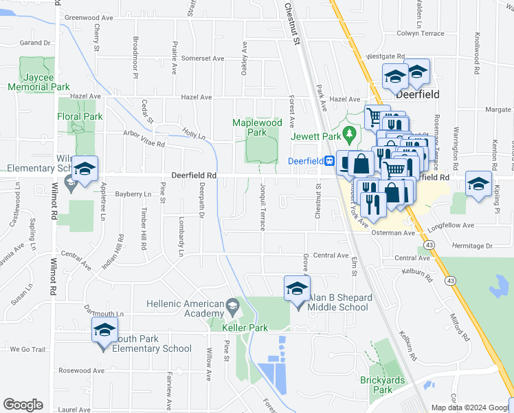map of restaurants, bars, coffee shops, grocery stores, and more near 733 Price Lane in Deerfield