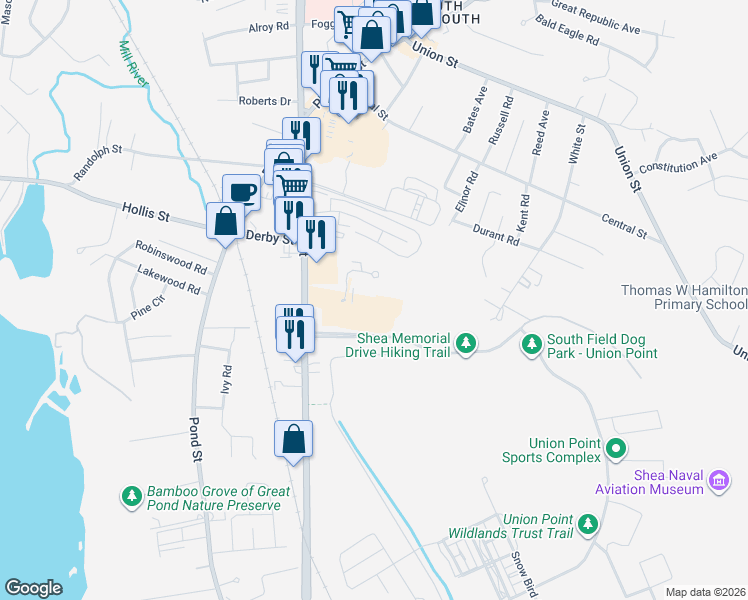 map of restaurants, bars, coffee shops, grocery stores, and more near 59 Greentree Lane in Weymouth