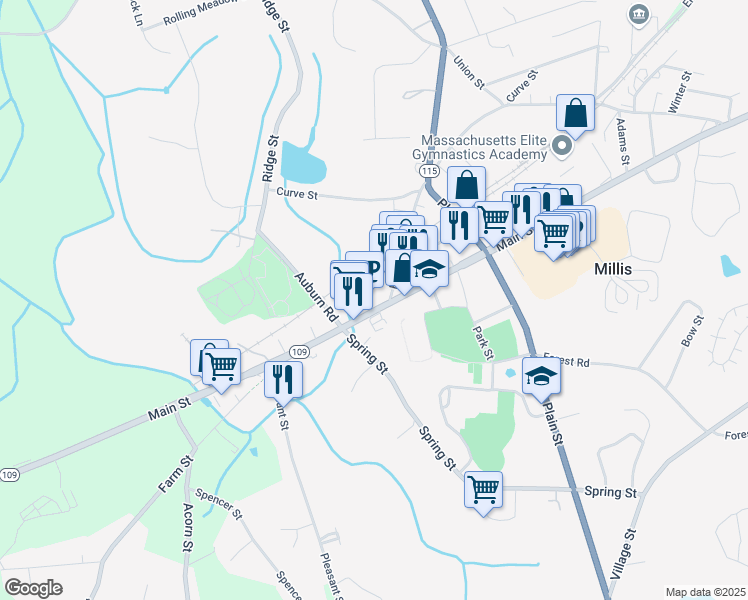 map of restaurants, bars, coffee shops, grocery stores, and more near 961 Main Street in Millis