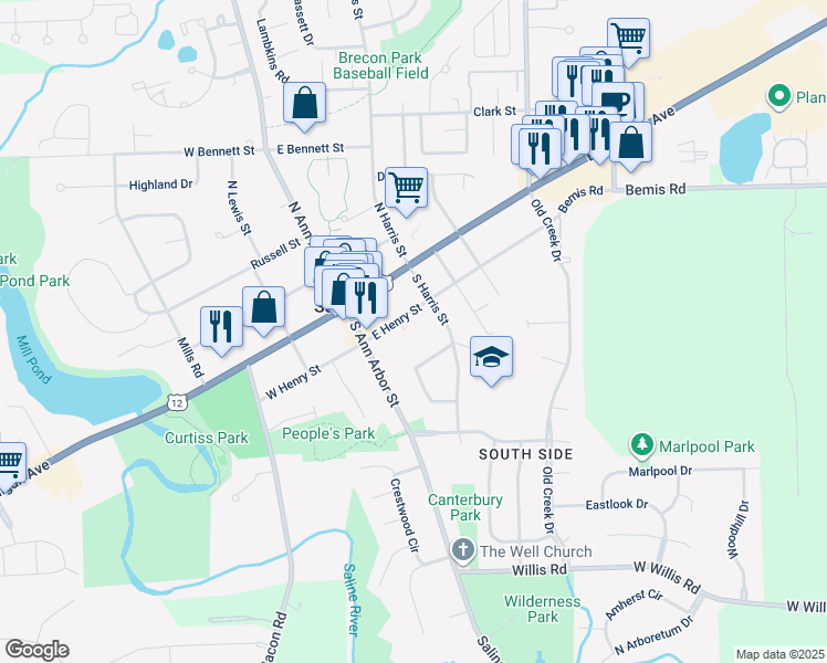 map of restaurants, bars, coffee shops, grocery stores, and more near 108 East Henry Street in Saline