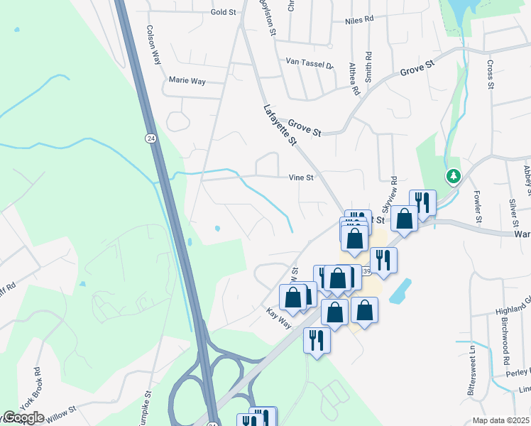 map of restaurants, bars, coffee shops, grocery stores, and more near 46 Birch Drive in Randolph
