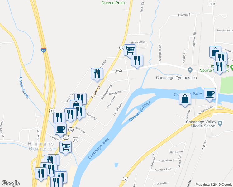 map of restaurants, bars, coffee shops, grocery stores, and more near 139 Kennedy Road in Binghamton
