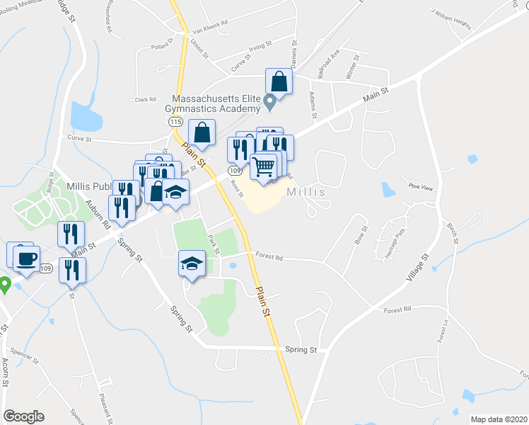 map of restaurants, bars, coffee shops, grocery stores, and more near 31 Stoneybrook Drive in Millis