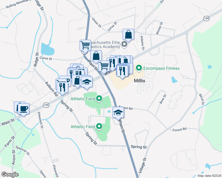 map of restaurants, bars, coffee shops, grocery stores, and more near 121 Plain Street in Millis