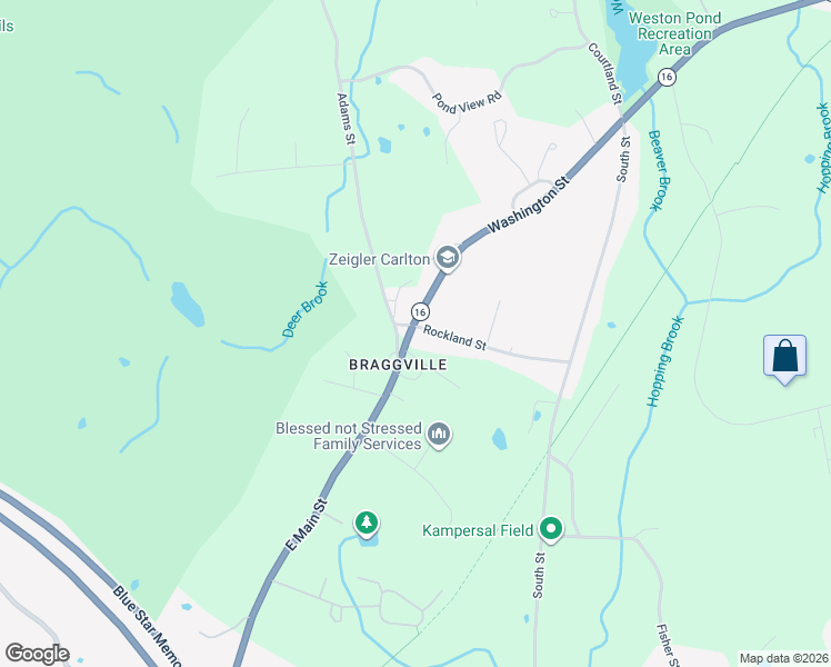 map of restaurants, bars, coffee shops, grocery stores, and more near 2350 Washington Street in Holliston