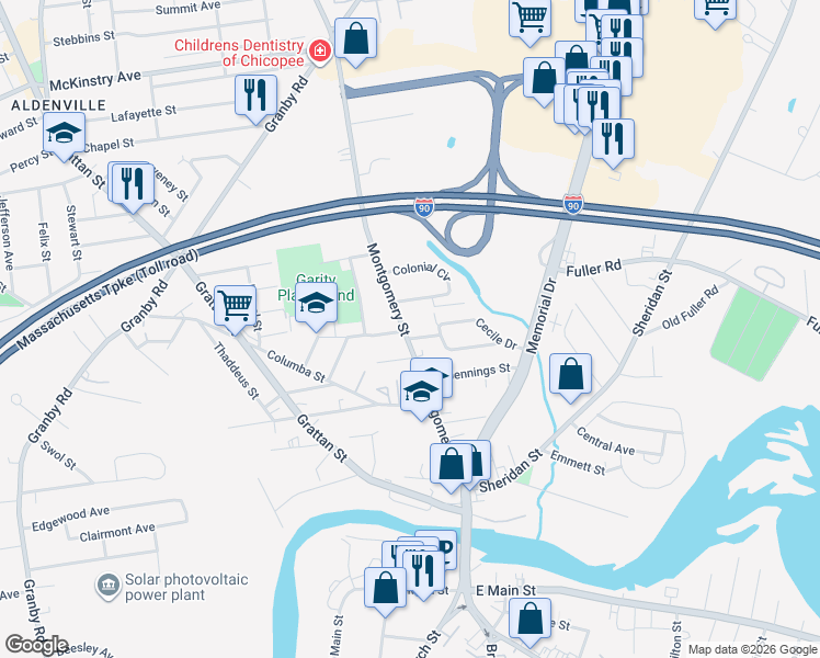 map of restaurants, bars, coffee shops, grocery stores, and more near 109 Boileau Terrace in Chicopee