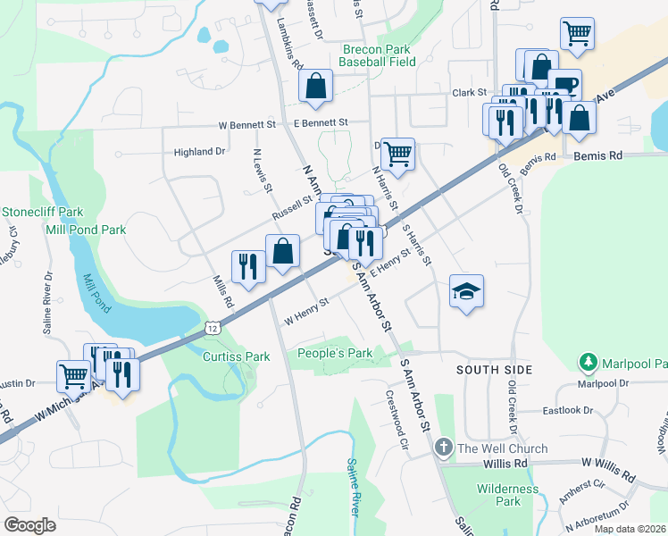 map of restaurants, bars, coffee shops, grocery stores, and more near 114 West Michigan Avenue in Saline