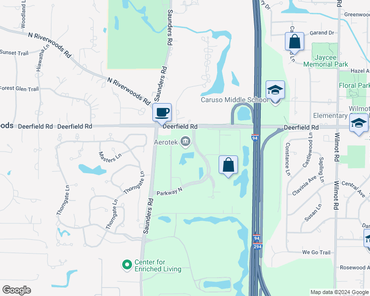 map of restaurants, bars, coffee shops, grocery stores, and more near 9 Parkway North in Deerfield
