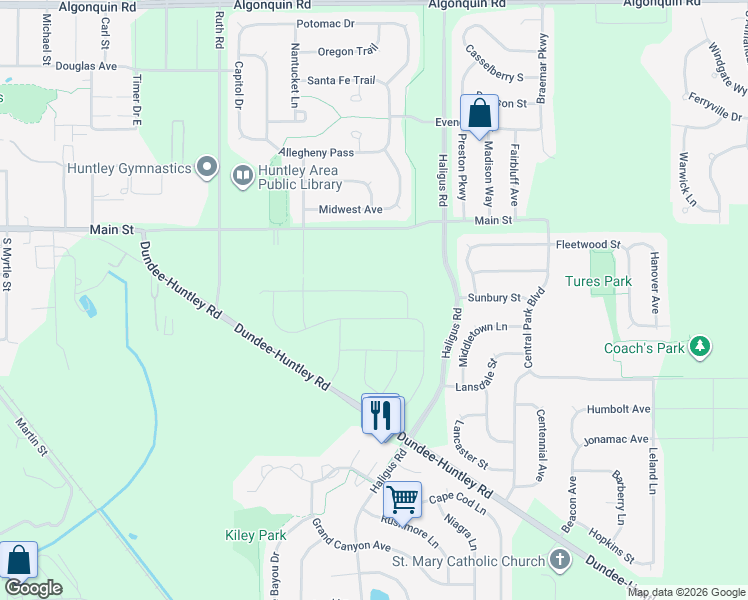 map of restaurants, bars, coffee shops, grocery stores, and more near 10805 Main Street in Huntley
