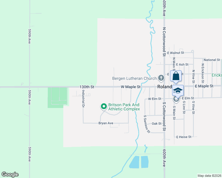 map of restaurants, bars, coffee shops, grocery stores, and more near 609 West Maple Street in Roland