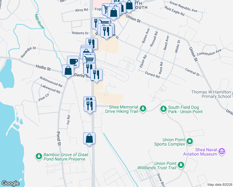 map of restaurants, bars, coffee shops, grocery stores, and more near 65 Greentree Lane in Weymouth