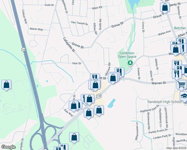 map of restaurants, bars, coffee shops, grocery stores, and more near 6 H D Sanborn Way in Randolph