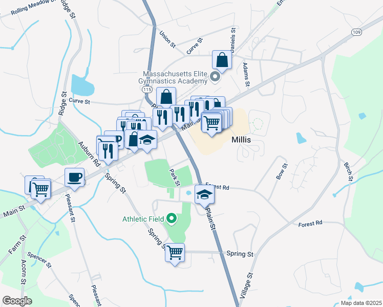 map of restaurants, bars, coffee shops, grocery stores, and more near 121 Plain Street in Millis