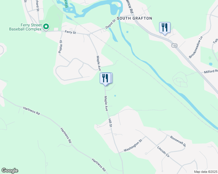 map of restaurants, bars, coffee shops, grocery stores, and more near 57 Maple Avenue in Grafton