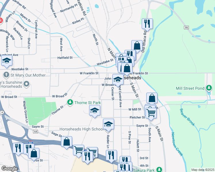 map of restaurants, bars, coffee shops, grocery stores, and more near Legion Lane in Horseheads