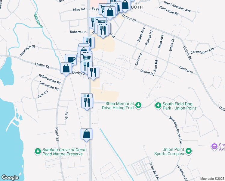 map of restaurants, bars, coffee shops, grocery stores, and more near 65 Greentree Lane in Weymouth