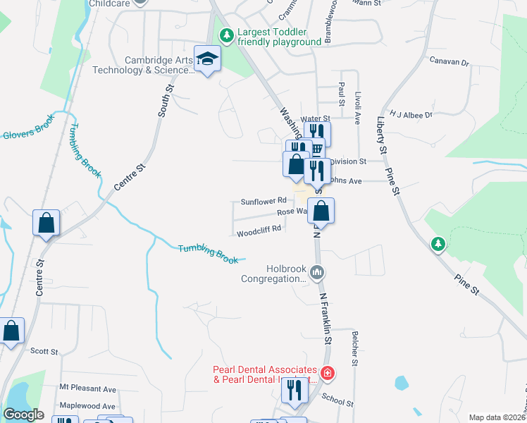 map of restaurants, bars, coffee shops, grocery stores, and more near 20 Sunflower Road in Holbrook