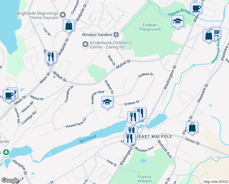 map of restaurants, bars, coffee shops, grocery stores, and more near 16 Endean Drive in Walpole
