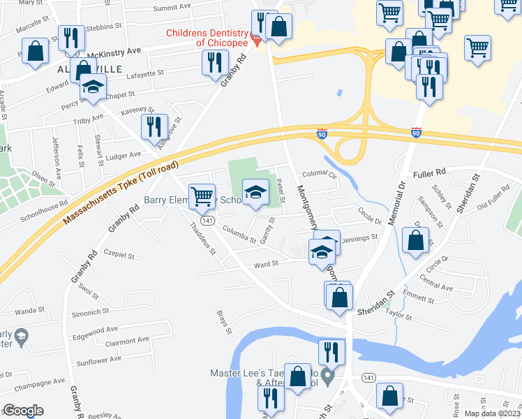 map of restaurants, bars, coffee shops, grocery stores, and more near 44 Connell Street in Chicopee