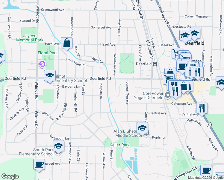 map of restaurants, bars, coffee shops, grocery stores, and more near 1155 Deerfield Road in Deerfield