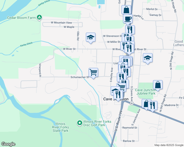 map of restaurants, bars, coffee shops, grocery stores, and more near 512 Schumacher Street in Cave Junction
