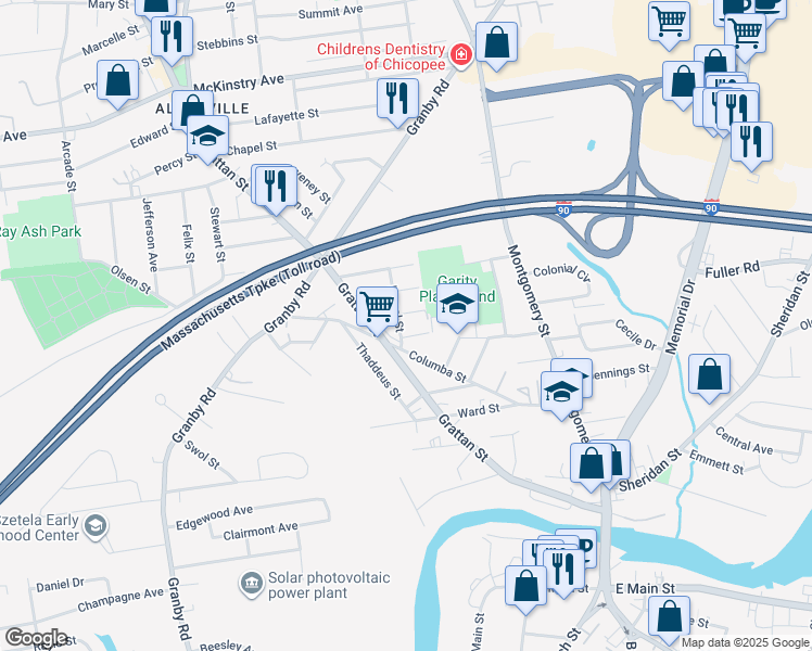 map of restaurants, bars, coffee shops, grocery stores, and more near 45 Brightwood Street in Chicopee