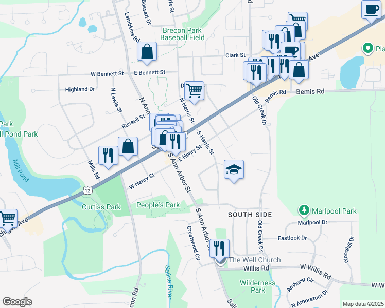 map of restaurants, bars, coffee shops, grocery stores, and more near 118 East Michigan Avenue in Saline