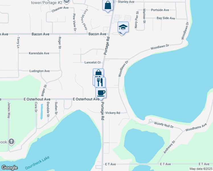 map of restaurants, bars, coffee shops, grocery stores, and more near 10375 Portage Road in Portage