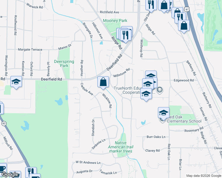 map of restaurants, bars, coffee shops, grocery stores, and more near 771 Carriage Way in Deerfield