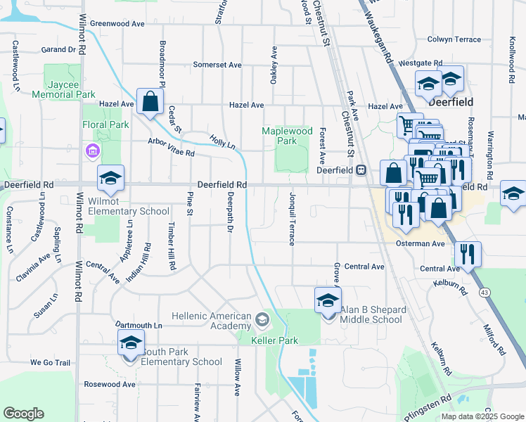 map of restaurants, bars, coffee shops, grocery stores, and more near 1155 Deerfield Road in Deerfield