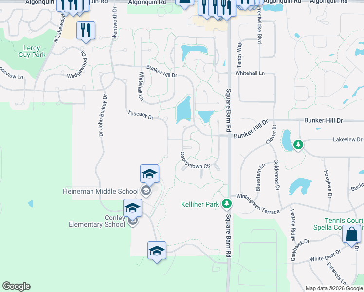 map of restaurants, bars, coffee shops, grocery stores, and more near Georgetown Circle in Algonquin