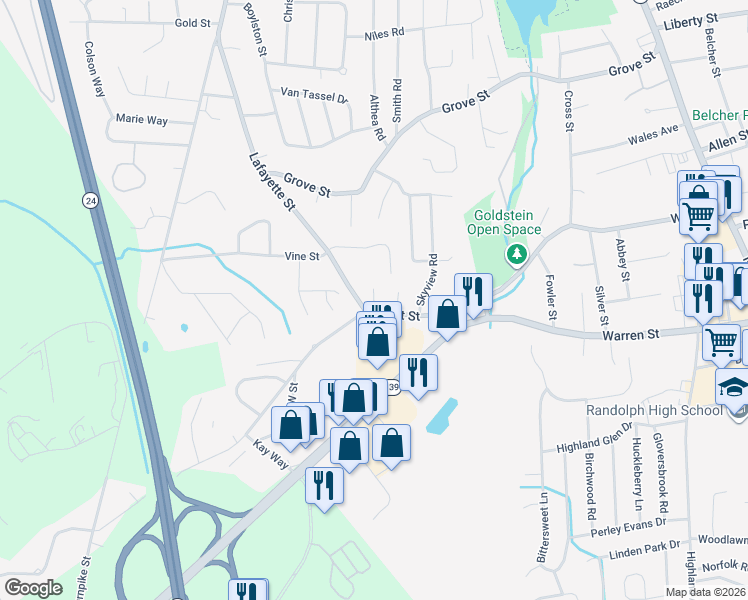 map of restaurants, bars, coffee shops, grocery stores, and more near 6 H D Sanborn Way in Randolph