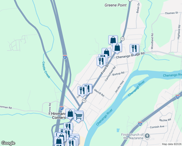 map of restaurants, bars, coffee shops, grocery stores, and more near 51 Trafford Rd in Binghamton