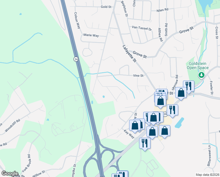 map of restaurants, bars, coffee shops, grocery stores, and more near 30 Birch Drive in Randolph