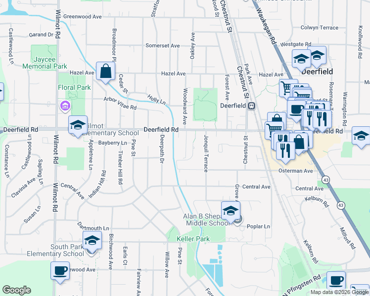 map of restaurants, bars, coffee shops, grocery stores, and more near 1155 Deerfield Road in Deerfield