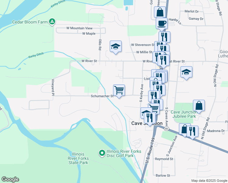 map of restaurants, bars, coffee shops, grocery stores, and more near 512 Schumacher Street in Cave Junction