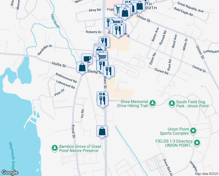 map of restaurants, bars, coffee shops, grocery stores, and more near 15 Webster Street in Weymouth