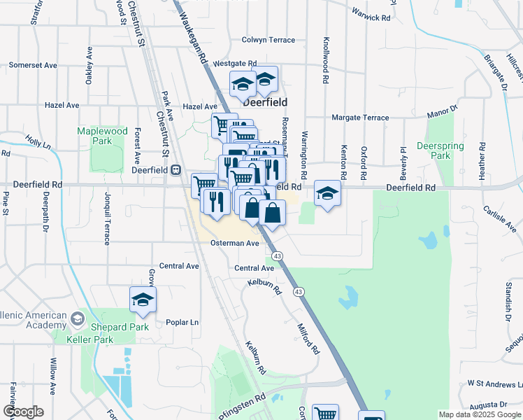map of restaurants, bars, coffee shops, grocery stores, and more near 725 Waukegan Road in Deerfield