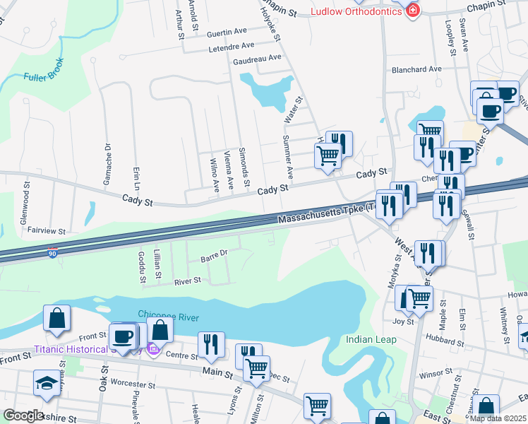 map of restaurants, bars, coffee shops, grocery stores, and more near 98 Victoria Terrace in Ludlow