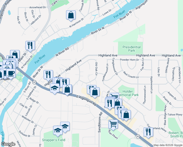map of restaurants, bars, coffee shops, grocery stores, and more near 720 Old Oak Circle in Algonquin